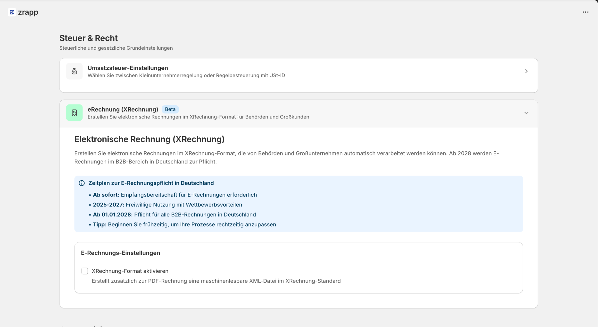 zrapp Shopify Buchhaltung – E-Rechnung 2028 Ready